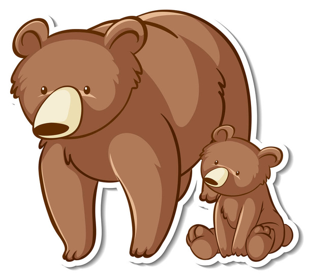 Grizzly oso mamá y bebé dibujos animados etiqueta engomada ilustración - Vector, imagen