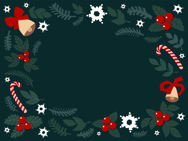 marco de fondo de navidad hecha de elementos lindos dibujados. muérdago, copos de nieve, abeto, campanas, piruletas. para tarjetas de Navidad, carteles. ilustración plana - Foto, Imagen