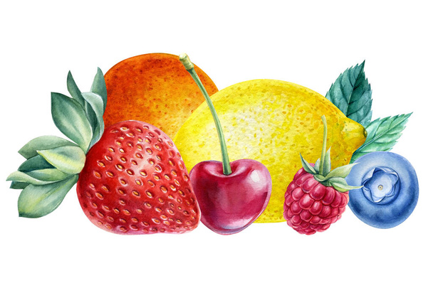 Frutas e bagas, laranja, cereja doce, mirtilo e morango, ilustração aquarela - Foto, Imagem