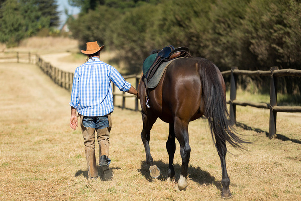 cowboy walking with his horse - Фото, зображення