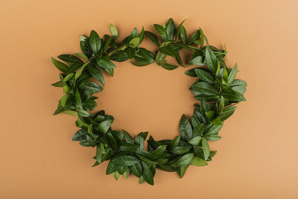 wreath in the form of heart on a brown background. green energy concept top view. High quality photo - Φωτογραφία, εικόνα