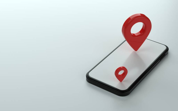 Telefon 3d illüstrasyonunun üzerinde harita işaretleyici ya da iğne noktası - Fotoğraf, Görsel