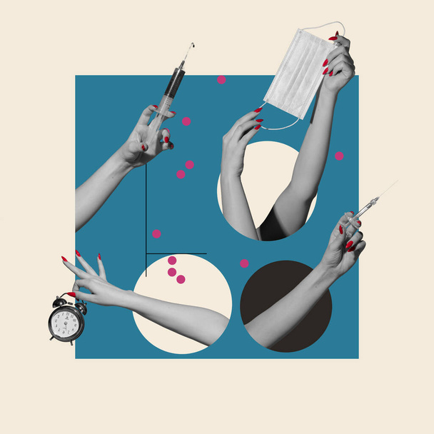 Hedendaagse kunst collage van menselijke handen met spuit, beschermend masker. Inentingsconcept - Foto, afbeelding