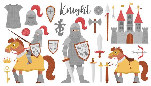 Pohádková rytířská sbírka brnění. Velký vektorový soubor fantasy obrněného válečníka a hradu. Pohádkový batoh s mečem, štítem, koněm, korunou, kroužkovou zbrojí. Kreslené ikony se středověkou zbraní - Vektor, obrázek