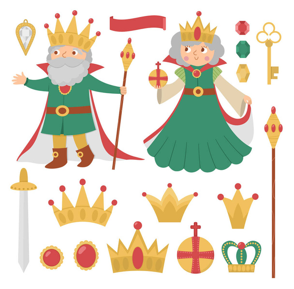 Tündérkirálynő és királygyüjtemény. Fantasy uralkodók vektorkészlete koronákkal, Sward, szuverén hatósági szimbólumokkal. Középkori mesebeli hercegi falka. Rajzfilm mágikus ikonok aranyos karakter - Vektor, kép