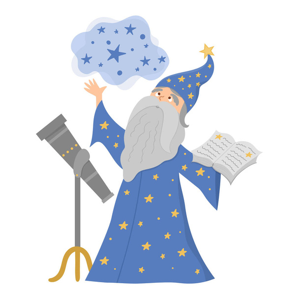 Fairy tale vector stargazer with telescope holding spell book. Fantasy wizard in tall hat isolated on white background. Fairytale astrologist in blue robe. Cartoon magic icon with cute characte - Vector, afbeelding