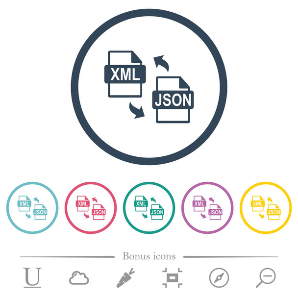 XML JSON fájlátalakítás lapos színű ikonok kerek vázlatokban. 6 bónusz ikonok tartalmazza. - Vektor, kép