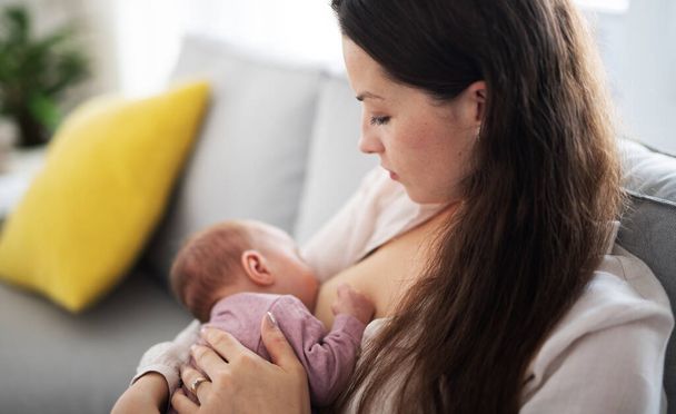 Young mother breastfeeding her newborn baby girl indoors at home, maternity leave. - 写真・画像