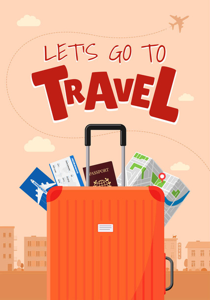 Ga reizen reclame vakantie reizen poster concept. Koffer bagage met kaart ticket instapkaart en paspoort. Verschillende toeristische elementen en vliegpad eps illustratie banner - Vector, afbeelding