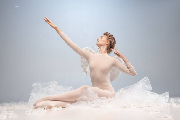 Портрет красивої, стрункої красивої молодої дівчини, витонченої балерини на зображенні ангела з крилами, що сидить на хмарі ізольовано на білому сірому студійному фоні
. - Фото, зображення