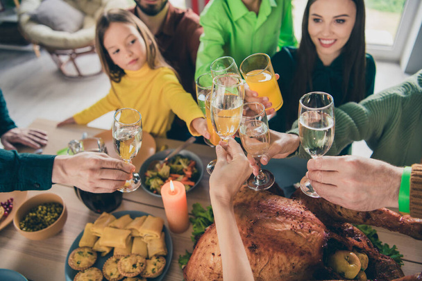 Photo of positive adorable family celebrating thanks giving day sitting table telling toast smiling indoors room home - Photo, Image