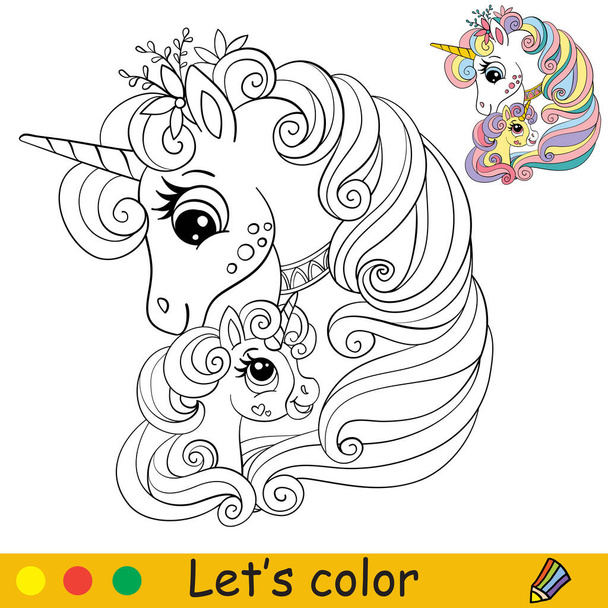 Sevimli anne ve bebek tek boynuzlu atlar. Renkli şablonları olan çocuklar için boyama kitabı sayfası. Vektör karikatür çizimi. Eğitim, baskı, oyun, dekor, bulmaca, tasarım için - Vektör, Görsel
