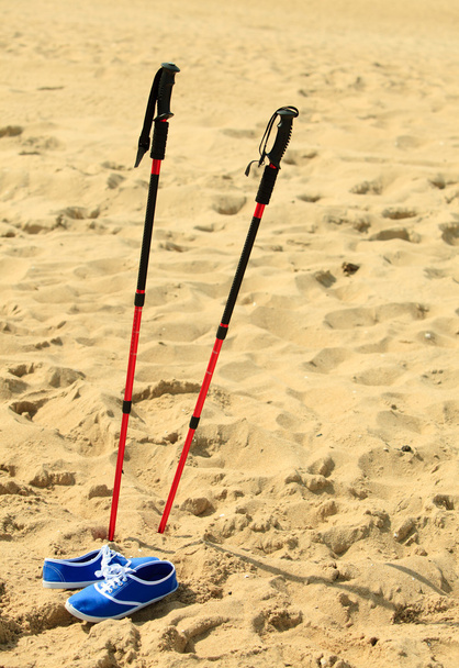 Sticks and shoes on beach - Фото, зображення