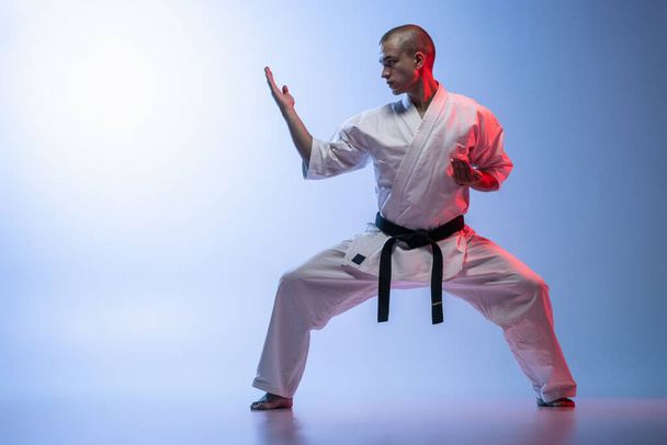 Seitenansicht Sportler steht in einer Kampf-Pose isoliert über grau weiß-blauen Hintergrund. Karate, Judo, Taekwondo - Foto, Bild