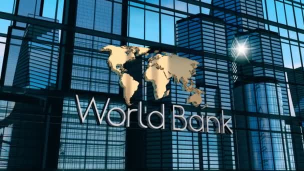 Concetto tipografico della banca mondiale - mappa del mondo, edifici per uffici e riflessione solare. Animazione 3D 4k (3840 x 2160 px).  - Filmati, video