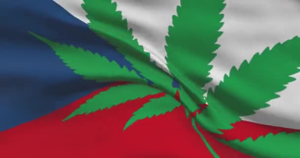 Tschechische Nationalflagge mit Cannabisblatt. Rechtlicher Status von medizinischem Marihuana im Land. Regierung der Tschechischen Republik und THC. Gesellschaftliches, Politik, Straf- und Gesetzesnachrichten zum Thema Unkraut - Filmmaterial, Video