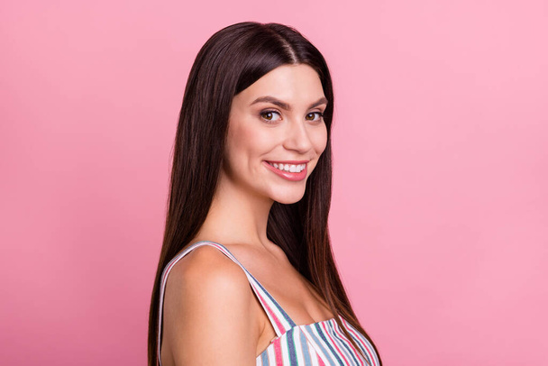 Profile side photo of young attractive woman happy positive smile pure skin isolated over pink color background - Zdjęcie, obraz