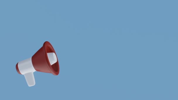 Megafoon met spraakbel op blauwe achtergrond met kopieerruimte. 3d video - Video