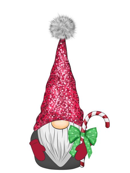 Симпатичный рождественский гном в красной шляпе с леденцом. - Фото, изображение