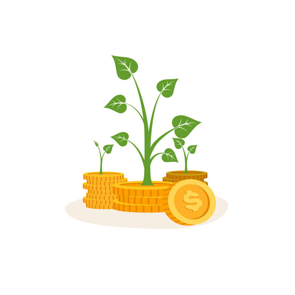 Finanční investice nebo finanční úspory koncept s hromadami mincí s rostoucími rostlinami. Ikona plochého stylu obrysu. Pixel perfektní. Upravitelný tah. - Vektor, obrázek