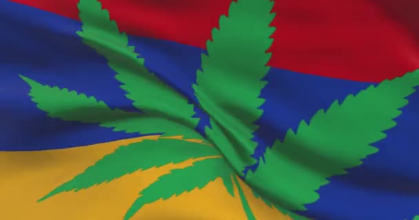 Armenische Nationalflagge mit Cannabisblatt. Rechtlicher Status von medizinischem Marihuana im Land. Armeniens Regierung und THC. Gesellschaftliches, Politik, Straf- und Gesetzesnachrichten zum Thema Unkraut - Filmmaterial, Video