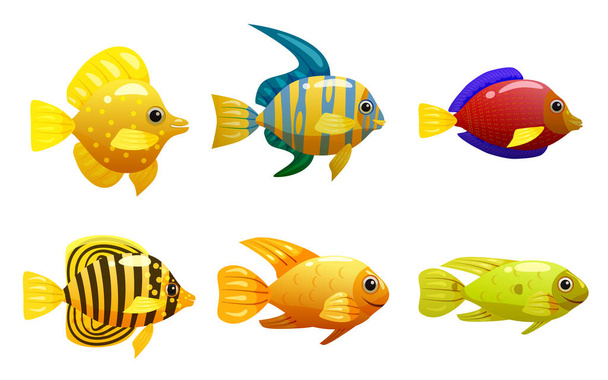 Set Poisson jaune tropical, récif corallien animal de compagnie exotique. Collection Aquarium vie marine, illusions vectorielles style dessin animé - Vecteur, image