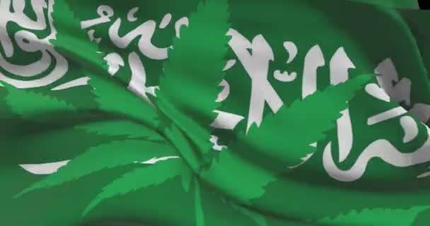 Saudi-arabische Nationalflagge mit Cannabisblatt. Rechtlicher Status von medizinischem Marihuana im Land. Saudi-Arabiens Regierung und THC. Gesellschaftliches, Politik, Straf- und Gesetzesnachrichten zum Thema Unkraut - Filmmaterial, Video