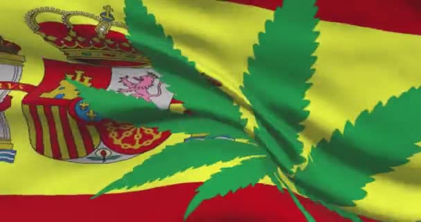 Spaniens Nationalflagge mit Cannabisblatt. Rechtlicher Status von medizinischem Marihuana im Land. Spanische Regierung und THC. Gesellschaftliches, Politik, Straf- und Gesetzesnachrichten zum Thema Unkraut - Filmmaterial, Video