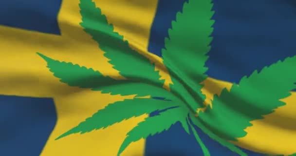 Schwedische Nationalflagge mit Cannabisblatt. Rechtlicher Status von medizinischem Marihuana im Land. Schwedens Regierung und THC. Gesellschaftliches, Politik, Straf- und Gesetzesnachrichten zum Thema Unkraut - Filmmaterial, Video