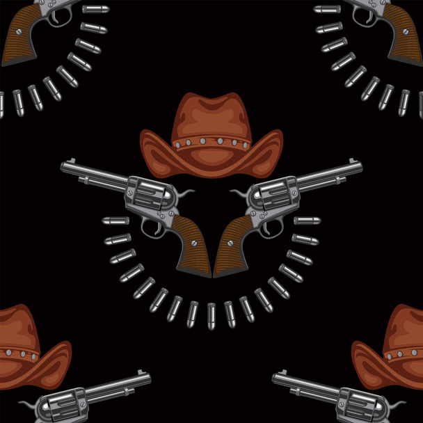 Seamless pattern with revolvers, cowboy hats and cartridges laid out in a semicircle on a black backdrop. Repeating vector background.Suitable for wallpaper, wrapping paper, graphic print for clothing - Wektor, obraz