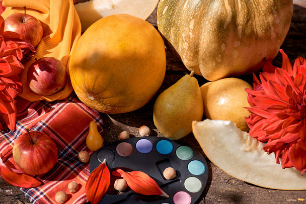 Осенний натюрморт в деревенском стиле: желтые фрукты, овощи и яркие краски, тыква, груши, яблоко и дыня. Концепция Дня благодарения. Autumn эстетическая ярмарка с красным георгином, современные тени - Фото, изображение