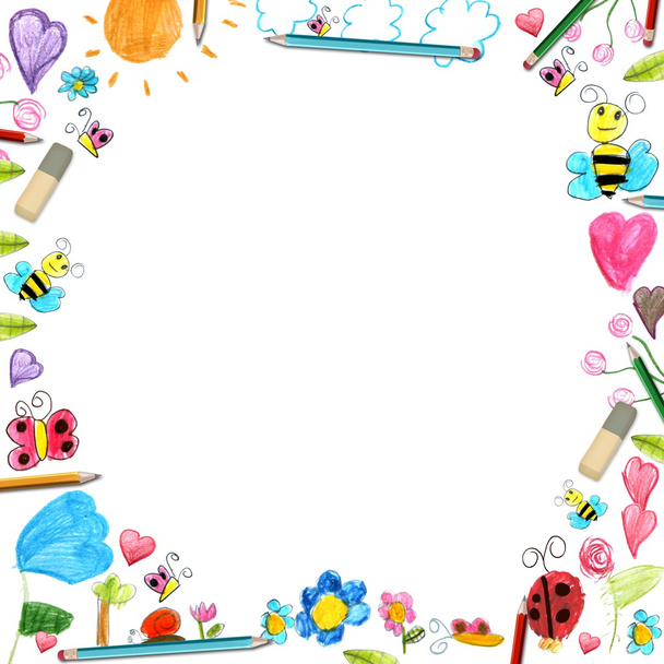 child flowers frame - scribbles drawings background isolated - Фото, изображение