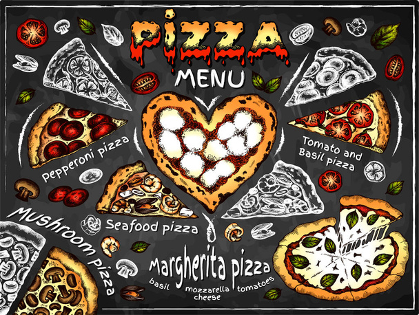 Bosquejo póster de dibujo del menú Pizza en pizarra. Tarjeta de comida italiana colorida. Line art mozzarella cheese, Margherita, mushroom, pepperoni, tomate, pizza de mariscos. Diseño de pizzería. Ilustración vectorial. - Vector, imagen