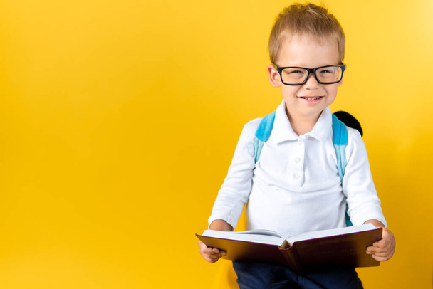 Banner Funny Preschool Child Boy in Big Glasses Reads Book on Yellow Background Copy Space. Happy Smiling Kid Go Back to School, Kindergarten. Success, Motivation, Winner, Genius, Superhero concept - Foto, Imagem