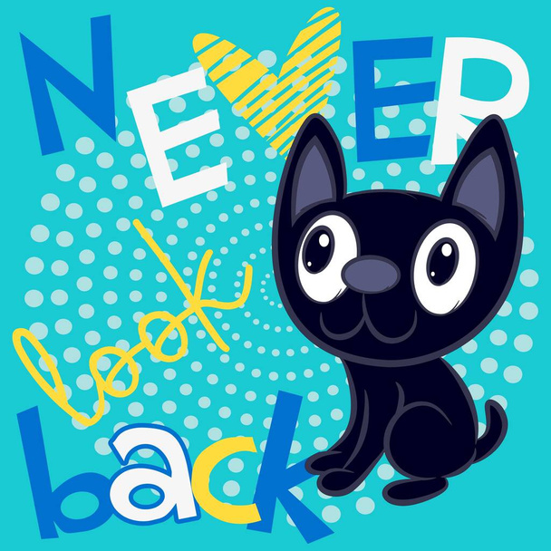 αστεία μαύρη γάτα με κείμενο και σπιράλ φυσαλίδες φόντο - Διάνυσμα, εικόνα