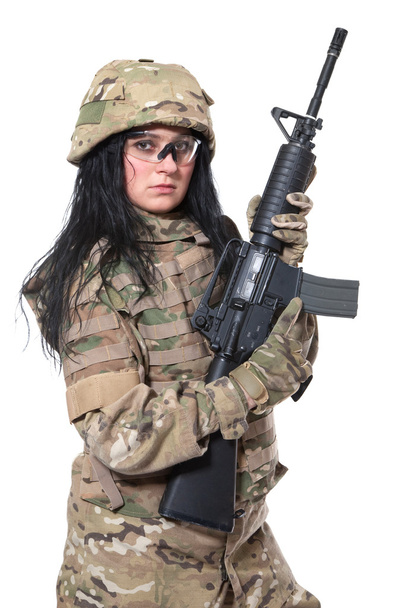 Beautiful army girl with rifle - 写真・画像