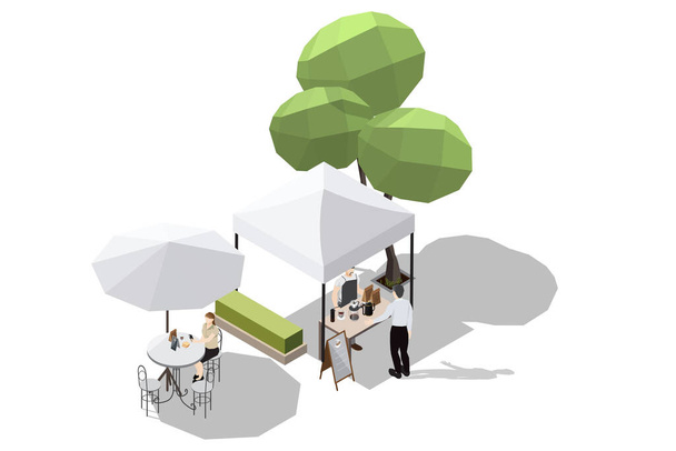 Isometrische vector illustratie Een openlucht koffieshop waar barista 's handmatig vers gezette koffie zetten en klanten koffie kopen met bomen en schaduwen geïsoleerd op witte achtergrond - Vector, afbeelding