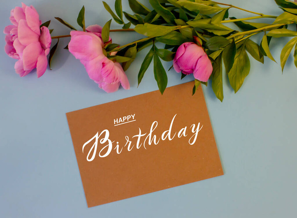 postcard , Internet banner , flat lay with a birthday greeting, with the inscription - happy birthday - Photo, Image