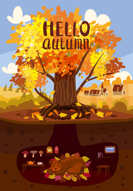 Otoño árbol colorido, lindo oso está durmiendo en una madriguera, agujero. Fondo de otoño paisaje rural, hojas amarillas anaranjadas, cartel, pancarta. Ilustración vectorial estilo de dibujos animados - Vector, imagen