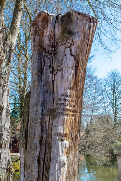 Ein alter Baumstamm mit einer Inschrift aus den letzten Jahrhunderten in deutscher Schrift, die besagt, dass ein Kaiser einem Bischof etwas geschenkt hat. - Foto, Bild