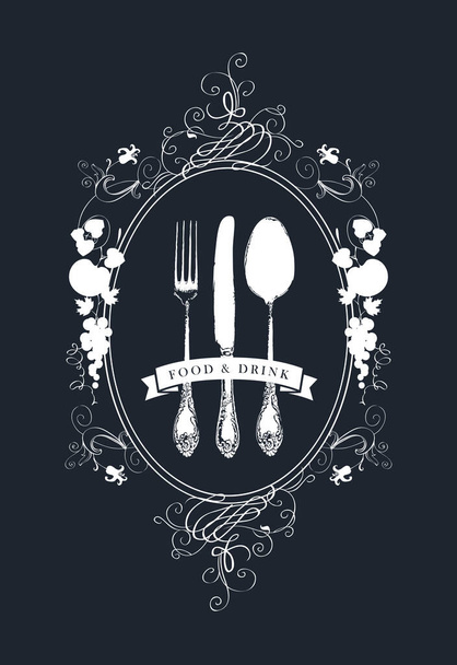 Vector menu decorated with a beautiful antique cutlery and floral ornaments in oval frame with fruits on a black background. Black-white menu template in Baroque style for restaurant with fine cuisine - Vektor, obrázek