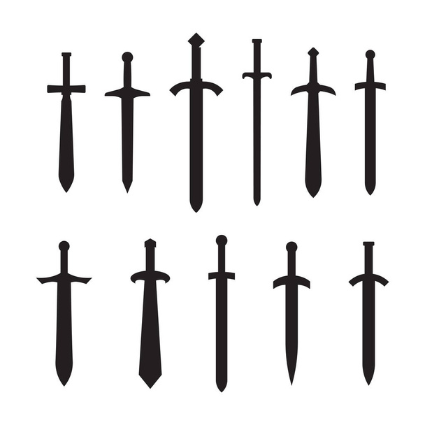 espadas de cavaleiro isoladas em fundo branco. Sílhuetas de espadas. Ilustração vetorial - Vetor, Imagem