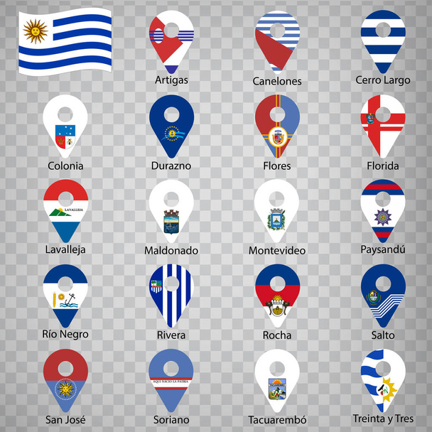 Negentien vlaggen de departementen van Uruguay - alfabetische volgorde met naam. Set van 2d geolocatieborden zoals vlaggen Departementen van Uruguay. Negentien 2d geolocatieborden voor uw ontwerp. EPS10 - Vector, afbeelding