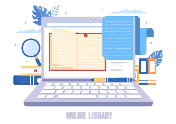 Biblioteca online Educazione digitale Sfondo con apprendimento a distanza, classi registrate, video tutorial per acquisire conoscenze. Illustrazione vettoriale di design piatto - Vettoriali, immagini