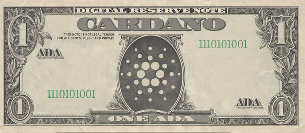 Один кардано (ADA) криптовалютный счет имитирующий долларовую купюру. Финансовая и инвестиционная концепция - Фото, изображение