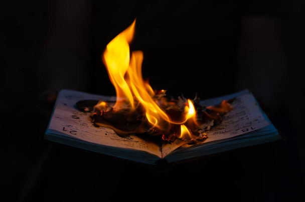 Diario abierto sobre fondo negro. Cuaderno con cala de llama - Foto, imagen