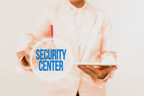 Sign displaying Security Center. Word Written on centralized unit that deals with security issues of company Presenting New Technology Ideas Discussing Technological Improvement - Photo, Image