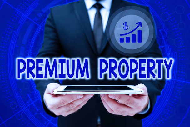 Text caption presenting Premium Property. Word for upfront payment for a things belonging to someone Man In Office Uniform Holding Tablet Displaying New Modern Technology. - Photo, Image