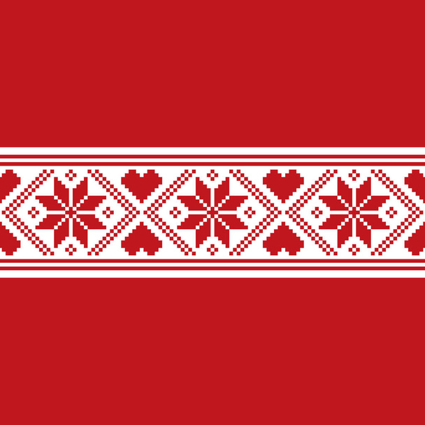 Patrón sin costuras de Navidad nórdica étnica con corazones, rayas y copos de nieve decoración en colores rojo y blanco - Foto, Imagen