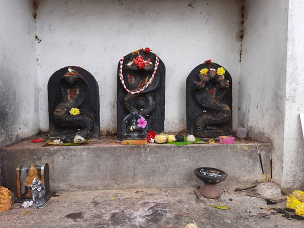Одяг чудового чорного кольору статуї з каменю прикрашені квіткою під час свята, Мандья, Карнатака, Індія. - Фото, зображення
